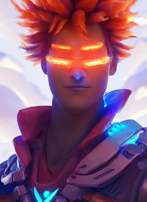 Prompt: glowwave portrait of curly orange hair man from overwatch, made of feathers mist and cloud, au naturel, hyper detailed, digital art, trending in artstation, cinematic lighting, studio quality, smooth render, unreal engine 5 rendered, octane rendered, art style by pixar dreamworks warner bros disney riot games and overwatch.