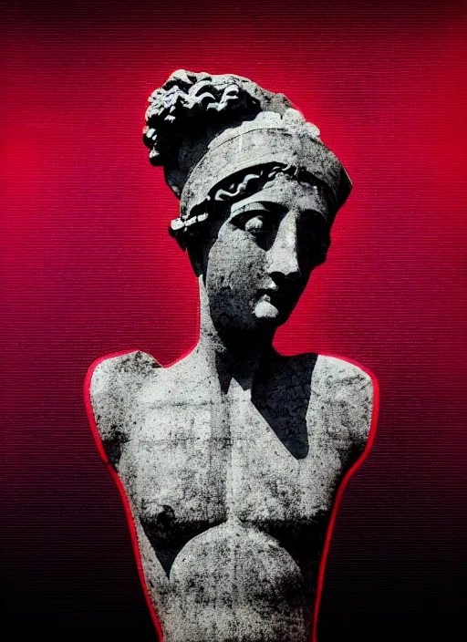 Image similar to black background with subtle red and purple design elements, closeup of a greco roman statue, grey, nekro, thin lines, dark, glitch art, neo vaporwave, gritty, layout frame, trending on artstation