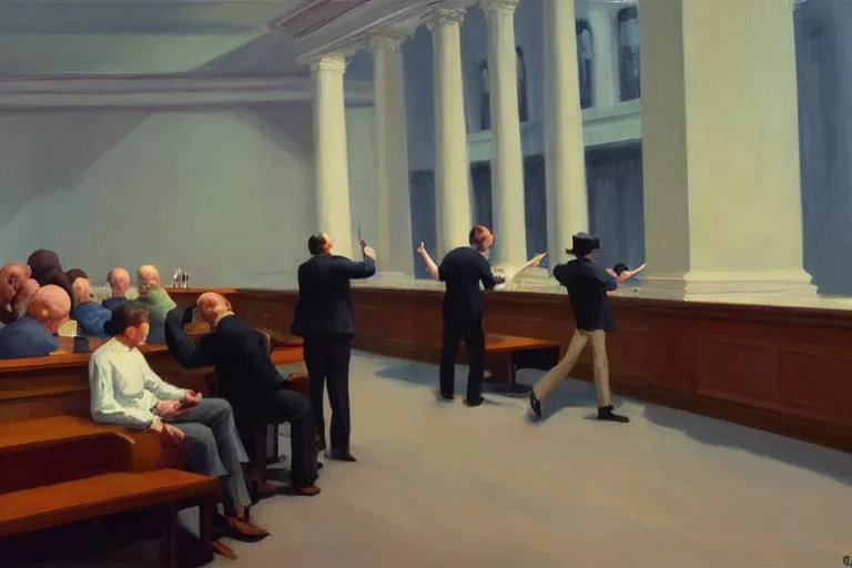 Prompt: bears screaming on the floor of the NYSE as the markets rally to all-time-highs, painting by Edward Hopper, 3D rendering by Beeple, lead guitar by Betty White