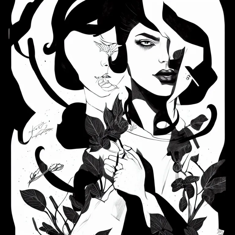 Image similar to black and white silhouette feminine woman portrait - hunter, logo, ink drawing, art by jc leyendecker and sachin teng