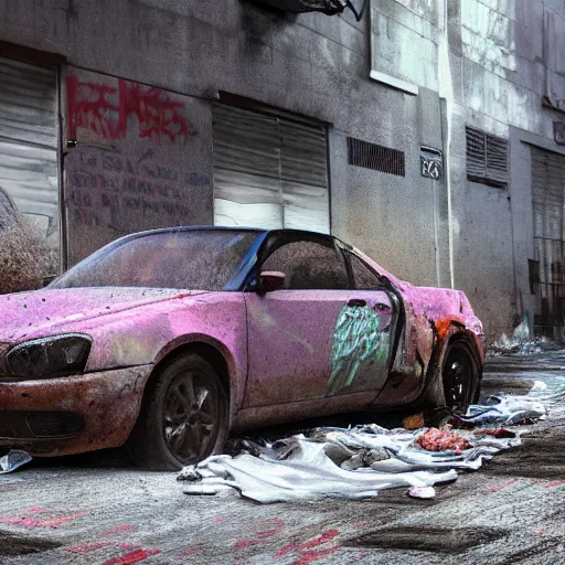 Prompt: hyper detailed and photorealistic, a number of car, dust, humus, wet street, graffiti on wall, trash scattered everywhere, abandoned car garage, 8 k, uhd, after rain, cinematic lighting, incrinate