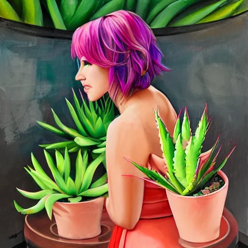 Prompt: painting by Artgerm of a beautiful woman with shoulder length rainbow hair in a coral dress putting colorful South African bitter aloe succulents into rainbow pots at a round table