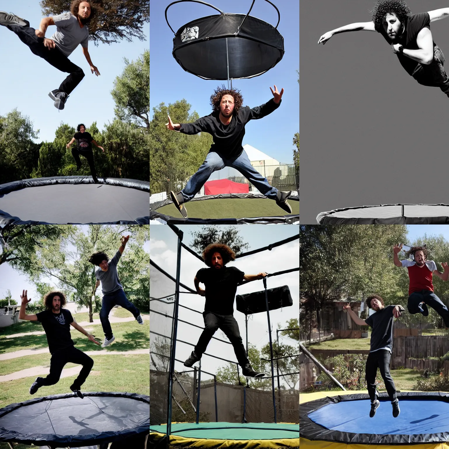 Prompt: Zack de la Rocha jumping on a trampoline