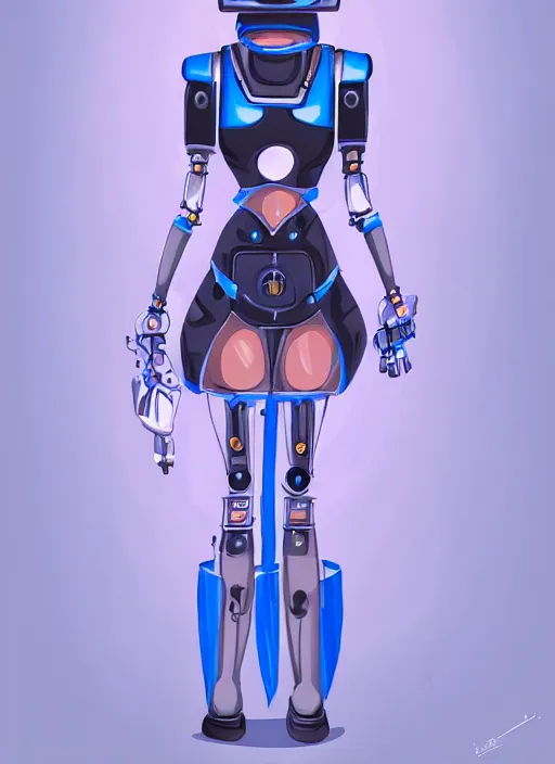 Image similar to a robot wearing a maid dress, blue dress, stripped thigh high, full body shot, highly detailed, digital painting, artstation, concept art, smooth, sharp focus, illustration