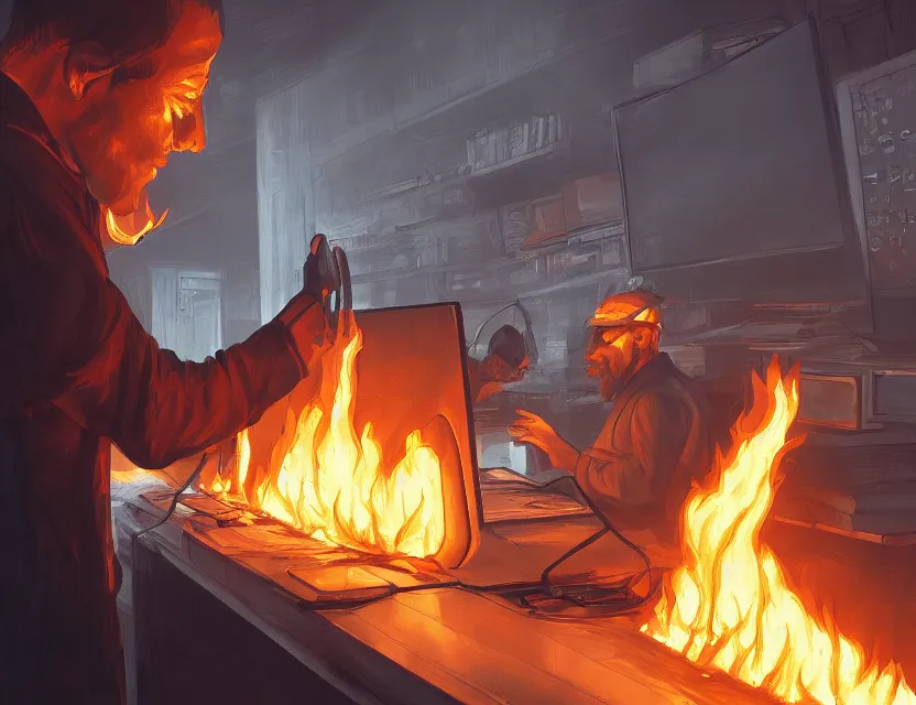 Prompt: a man works at a workstation in a very hot office with burning fires, close up, featured in artstation, intricate, ultra detailed, concept art, wide - angle lens, sharp focus, illustration, 8 k