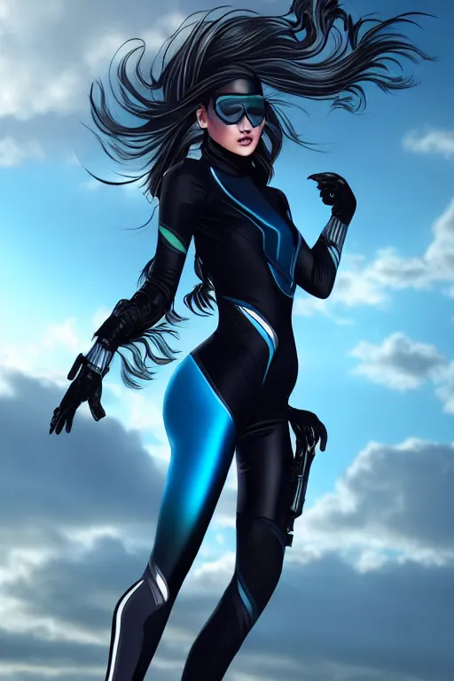 Image similar to a stunning picture of a beautiful young woman wearing futuristic deep black battle bodyarmor and leggings with ombre navy blue teal hairstyle blowing in the wind by marvel comics, digital art, trending on artstation