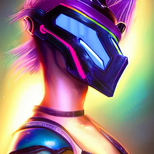 Image similar to a stunning upper body portrait of a beautiful young woman wearing futuristic navy blue and teal battle bodyarmor with pauldrons and inset glowing fine neon lines and ombre purple and pink hairstyle with hair blowing in the wind, by marvel comics, highly detailed, fine detail, intricate, digital art, trending on artstation