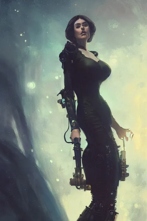 Image similar to a woman in a black dress and thigh highs in a steampunk spaceship, digital art, beautiful lighting, by jeremy lipking, by dan mumford, fantasy art, composition, beautiful face, expressive oil painting, octane render, steampunk, 4 k