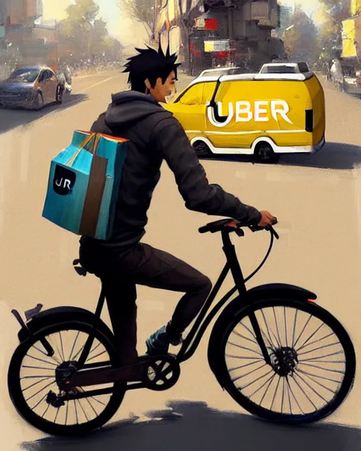 Image similar to a ultradetailed painting of a uber eats food delivery guy on a bicycle, greg rutkowski and makoto shinkai trending on artstation