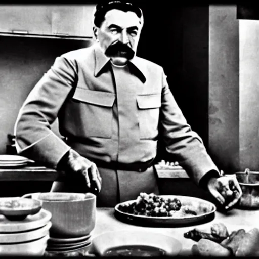 Prompt: Beautiful Food photography of Joseph Stalin Joseph Stalin in the kitchen making Gulash