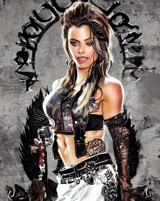 Image similar to centered in composition Adriana Chechik on a motorbike in sons of anarchy tv show, wearing a Desigual t-shit and leather, D&D style , highly detailed, digital art, trending on artstation, smooth, sharp focus, illustration, art by artgem and ROBERT HYNES