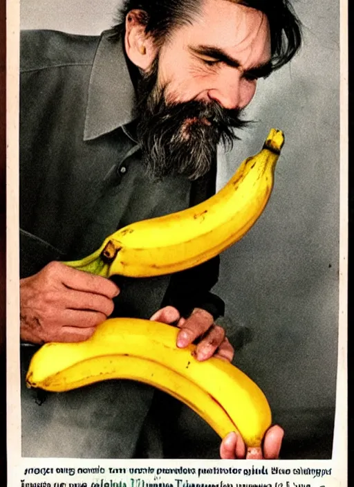 Image similar to vintage pharamaceutical magazine advertisement depicting charles manson slipping on a banana peel