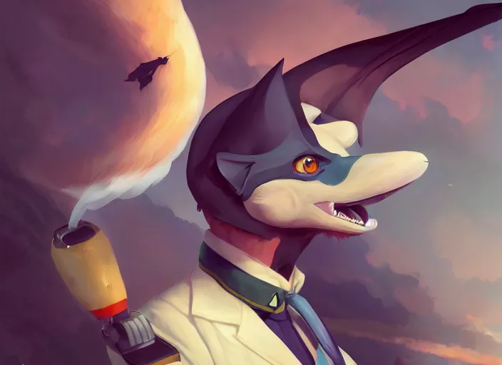 Prompt: character portrait feature of the anthro male anthropomorphic flying fox fruit bat fursona wearing airline pilot outfit uniform professional pilot for delta airlines character design stylized by charlie bowater, ross tran, artgerm, and makoto shinkai, detailed, soft lighting, rendered in octane