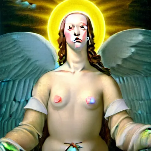 Image similar to renaissance painting portrait of white angel with clean narrow face like noface, 3 / 4, miracle light coming up from the head!!!!!! up and up!!!!!!, misty space, grace and blessing, by gucci maze, christianity, marble stone, glow effect, white background