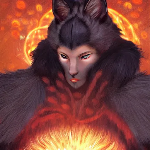 Image similar to male kitsune furry with dark fur, carries a tome, surrounded by floating fire orbs, shortsword, charismatic, young, dark clothing, elegant, digital illustration, detailed, intricate, sharp focus, digital painting, deep focus, digital painting, artstation, concept art, matte, art by artgerm and greg rutkowski and alphonse mucha