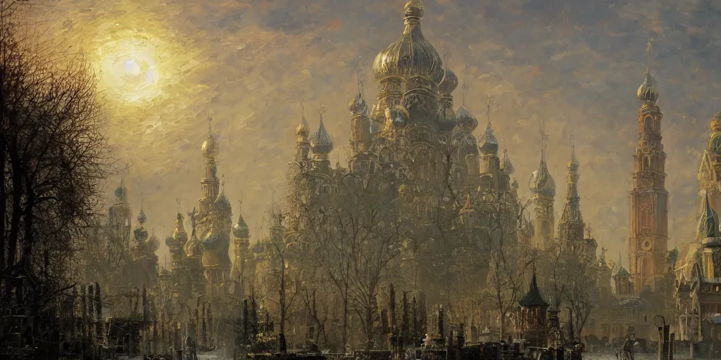 Prompt: magical ancient Slavic city of Kitezh in mist, magic lights, magic mist, strange buildings, oil painting, painting by Viktor Vasnetsov, concept art, fantasy cityscape, ancient Russian architecture, painting by Ivan Shishkin, hyperborea, high resolution, trending on artstation,