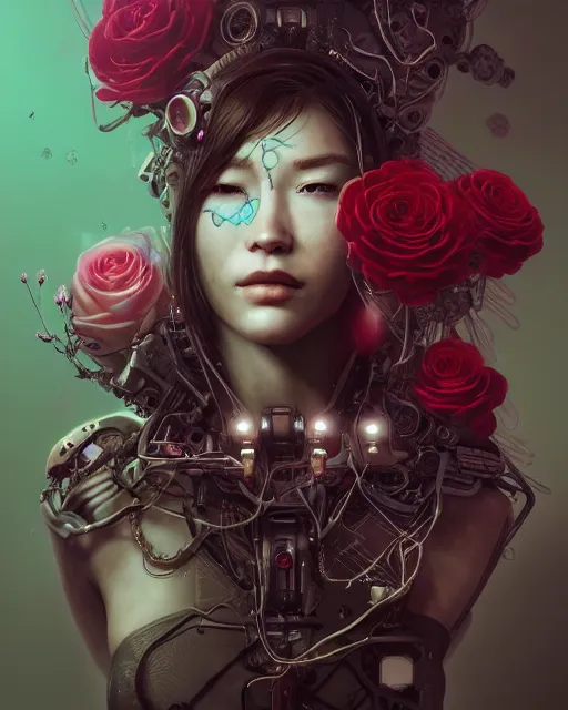 Image similar to portrait of a female face with roses instead of eyes, cyberpunk cyborg. roses, sci - fi, intricate abstract upper body intricate artwork, by tooth wu, wlop, beeple, dan mumford. concept art, octane render, deviantart, greg rutkowski, cinematic arthouse, key art, hyper realism, iridescent accents