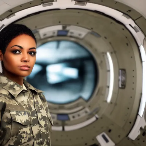 Prompt: a futuristic female soldier with brown skin and short hair in a spaceship