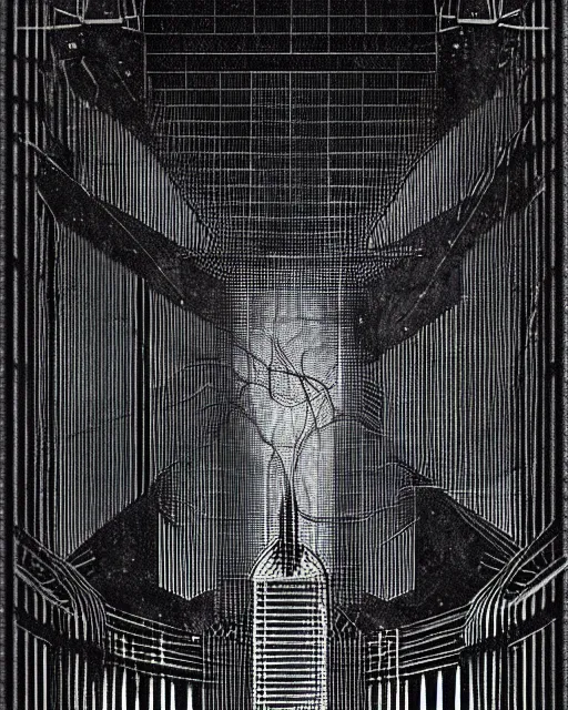 Prompt: Thalassophobia. Lovecraftian deep sea horror. image in the style of Hugh Ferriss. Black and dark blue. Tall, wide, imposing building in a dramatically lit metropolis. eerie. incomprehensible size. Thalassophobia. Lovecraftian deep sea horror.