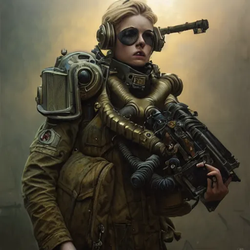 Image similar to portrait painting of a post - apocalyptic blonde soldier wearing dieselpunk power armor, ultra realistic, concept art, intricate details, eerie, highly detailed, photorealistic, octane render, 8 k, unreal engine. art by artgerm and greg rutkowski and charlie bowater and magali villeneuve and alphonse mucha