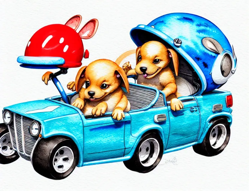 Image similar to cute and funny, puppy wearing a helmet riding in a tiny hot rod with an oversized engine, ratfink style by ed roth, centered award winning watercolor pen illustration, isometric illustration by chihiro iwasaki, edited by range murata, tiny details by artgerm and watercolor girl, symmetrically isometrically centered, sharply focused