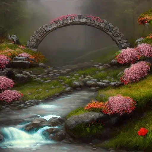 Prompt: matte painting of an old mason bridge decorated with flowers alongside above a small rocky river stream, realistic, 4 k, artstation, dreamy, fog, volumetric lighting, high detail