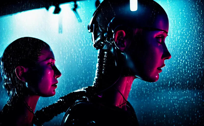 Prompt: cinestill 5 0 d candid photographic portrait by steven spielberg of two loving female androids sobbing wearing rugged black mesh techwear in treacherous waters, flooded city, medium closeup, retrofuturism cyberpunk moody emotional cinematic, pouring iridescent rain bright spotlight helicopter, 8 k, hd, high resolution, 3 5 mm, f / 3 2, ultra realistic faces, ex machina