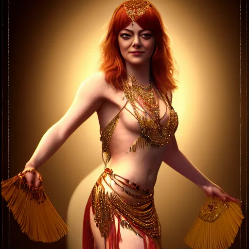 Image similar to a photorealistic portrait of actress emma stone dressed as a belly dancer, arabian night, volumetric lightening, octane render, high quality, fully detailed, 4 k, in focus sharp face with fine details, realistic hands and anatomical composition, inspired by belly dancer on youtube, alphonse mucha, masterpiece, stunning