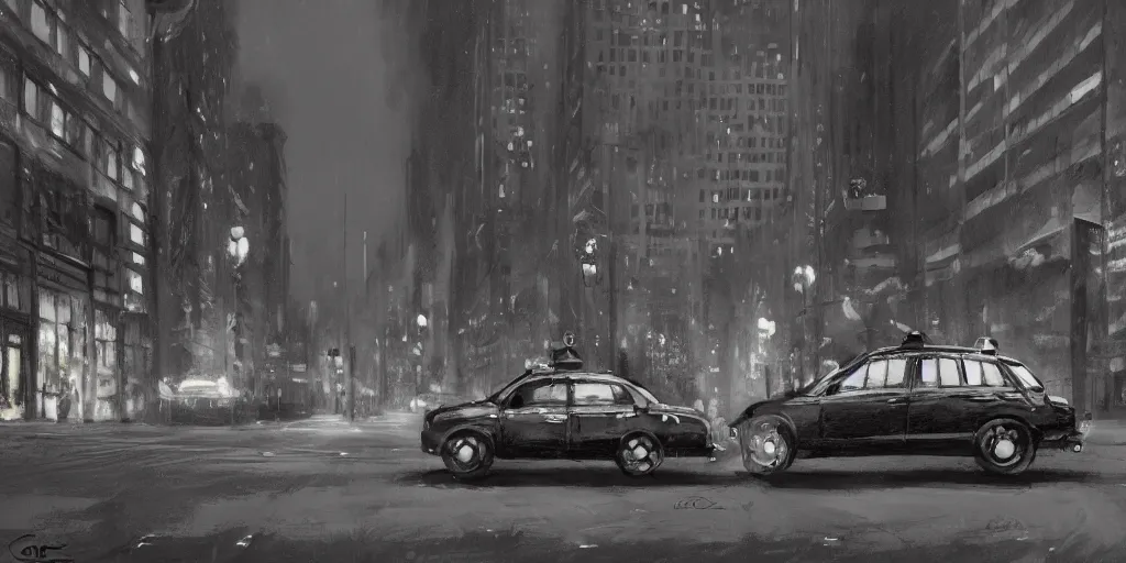 Image similar to cartoonish taxi through the streets of chicago, night time, dramatic lighting, german expresionism, noir film, character sheet, fine details, concept design, high contrast, anthrophomorfic animals, kim jung gi, greg rutkowski, trending on artstation, 8 k, full body, turnaround, front view, back view, ultra wide angle