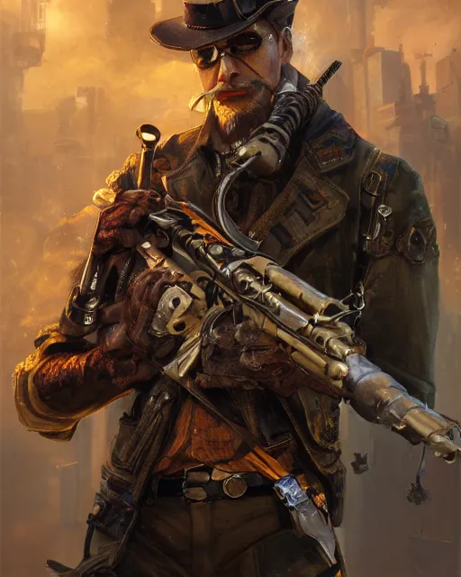 Image similar to oil painting of Anthropomorphized Owl Sniper, holding steampunk gun, sharp focus, exploding golden steampunk city background, full body, heroic pose, fantasy style, octane render, volumetric lighting, 8k high definition, by greg rutkowski, highly detailed, trending on art Station, magic the gathering artwork, centered, dramatic artwork, combat scene