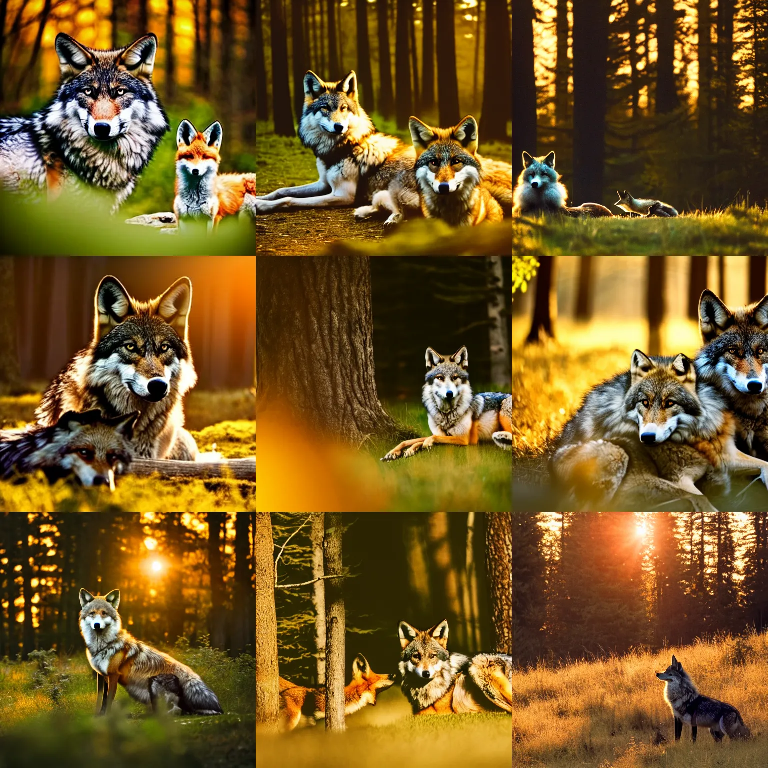 Prompt: a photograph of a wolf sitting with a fox in the forest, soft golden hour lighting