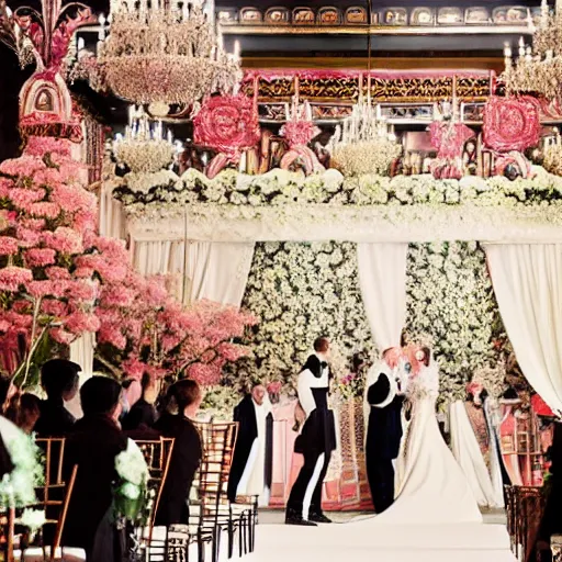 Image similar to A wide full shot, colored black and white Russian and Japanese mix historical fantasy a photograph taken of inside the royal wedding floral covered venue inspired by fairytales, photographic portrait, warm lighting, 1907 photo from the official wedding photographer for the royal wedding.