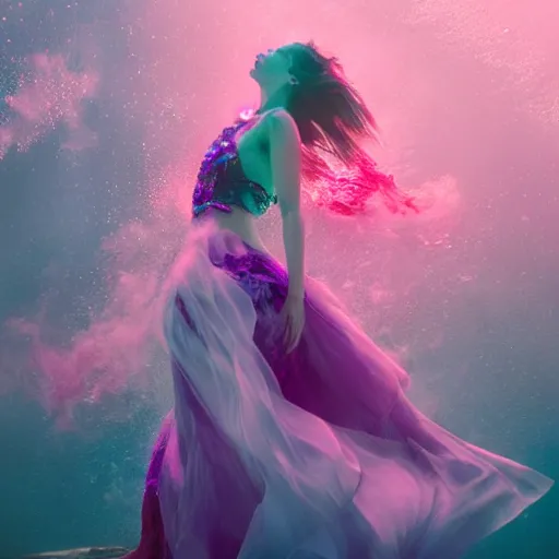 Image similar to woman dancing underwater wearing a flowing dress made of blue and magenta seaweed, delicate coral sea bottom, swirling silver fish, swirling smoke shapes, octane render, caustics lighting from above, cinematic