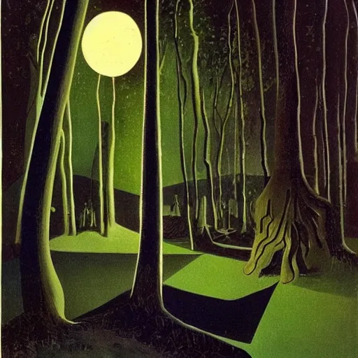 Prompt: woods at night, stylized, salvadore dali