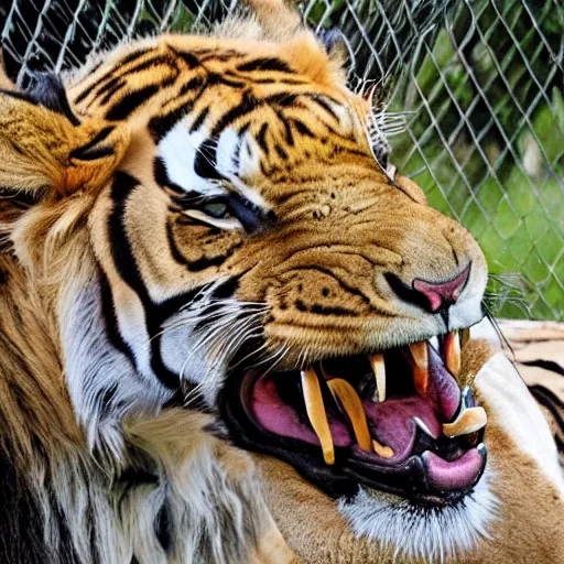 Image similar to lion and a tiger roaring in cage at the zoo wearing a hat