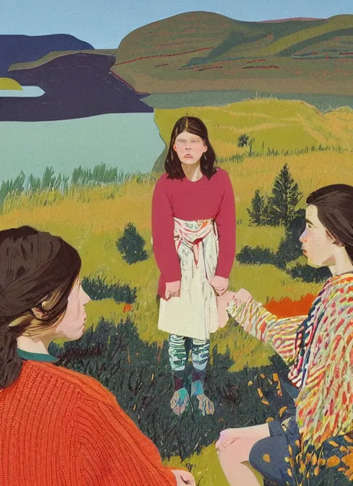 Image similar to composition by justine kurland, a portrait of a group of girls dressed in colorful sweaters in a scenic representation of mother nature and the meaning of life by billy childish, thick visible brush strokes, shadowy landscape painting in the background by beal gifford, vintage postcard illustration, minimalist cover art by mitchell hooks