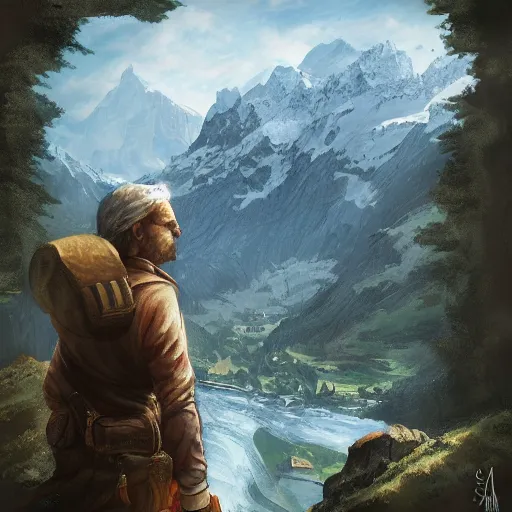 Image similar to Man in Switzerland, high resolution fantasy concept art, realistic, intricate details, soft lighting