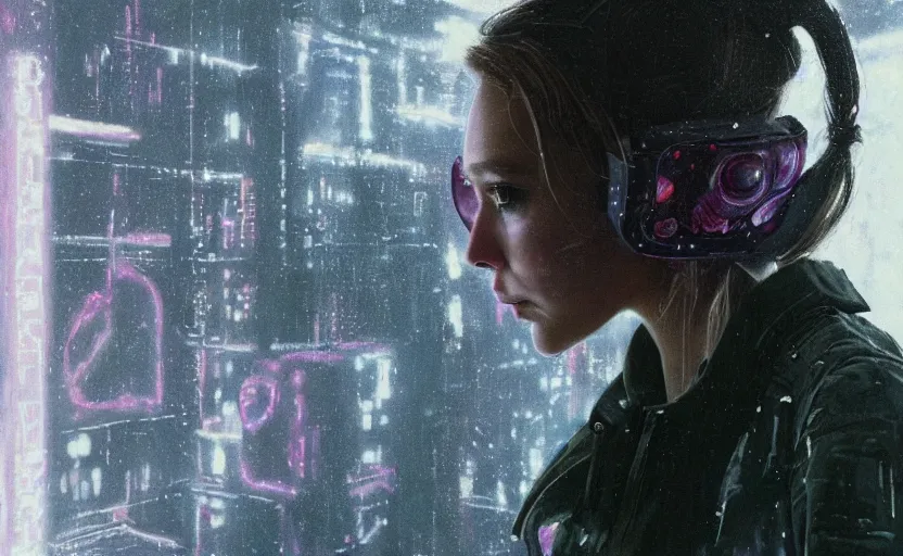 Prompt: detailed film still of portrait neon operator elizabeth olsen in the movie 2 0 0 1 space odyssey, messy ponytail, cyberpunk futuristic, neon, reflective puffy coat, decorated with traditional japanese by ismail inceoglu dragan bibin hans thoma greg rutkowski alexandros pyromallis nekro, illustrated, perfect face, fine details, realistic shaded, fine - face, pretty face