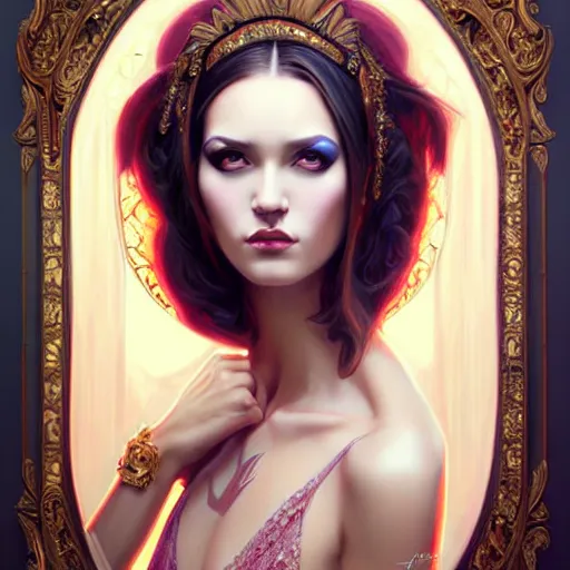 Image similar to symmetrical painting, a beautiful young female in dress, pretty, perfect face, elegant, ornate, luxury, elite, matte painting, by artgrem, by james jean, by ross tran - h 6 0 0