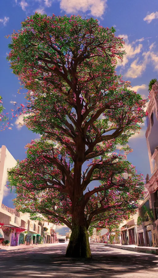 Image similar to tree of life, mexican city street, fantasy, 8k