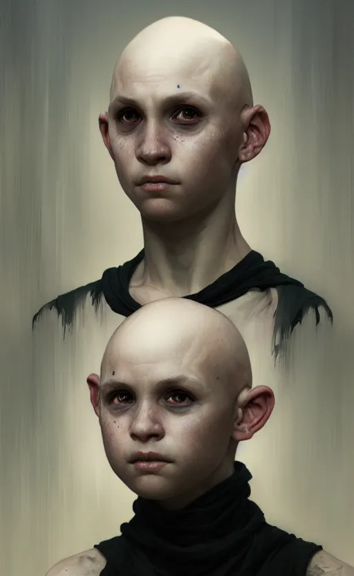 Image similar to a detailed portrait of a weird looking sick human child, white skin, bald, white eyes, black background, concept art, deep focus, intricate, highly detailed, digital painting, artstation, matte, sharp focus, illustration, art by greg rutkowski and alphonse mucha