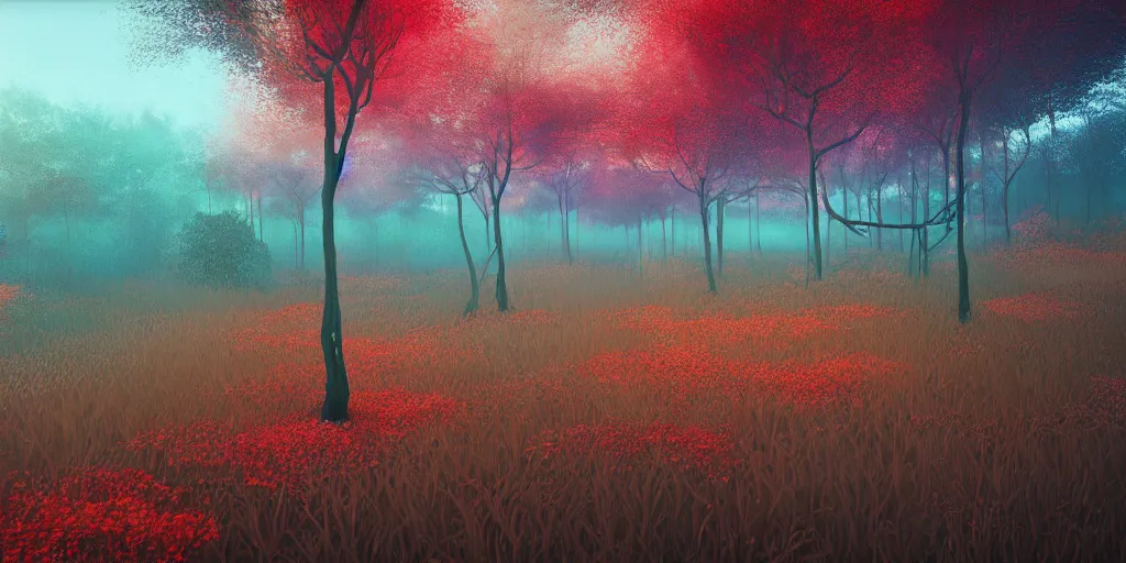 Image similar to abstract 3d landscape forest painting by james jean and David Schnell with 1 year old trees painted in no mans sky style, redshift, octane