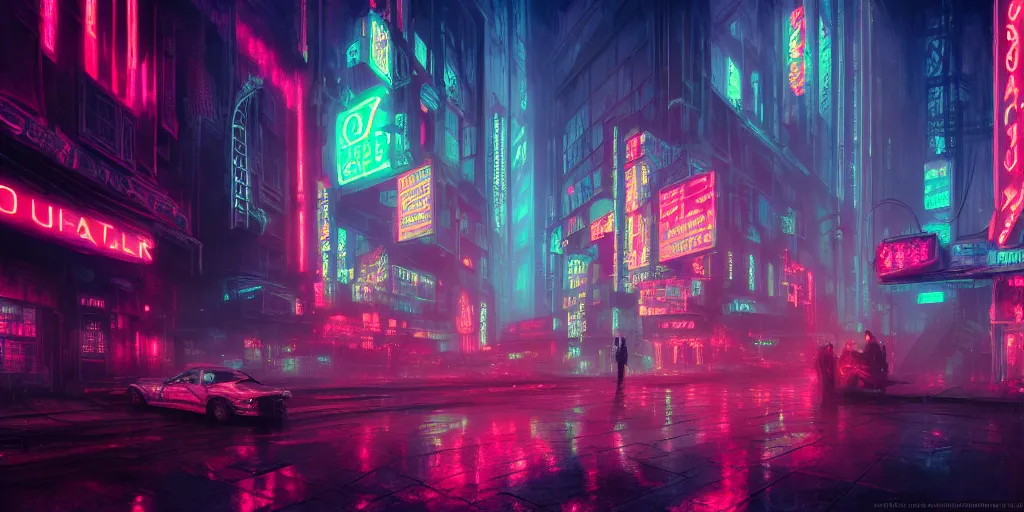 Image similar to concept art, octane render, a brooding, dystopian city, reflections, volumetric pastel neon lighting, dramatic, emerald red neon glow, 8 k, ultra - hd, insanely detailed and intricate, hypermaximalist, elegant, ornate, by gerald brom, by syd mead, akihiko yoshida, doug chiang, cinematic