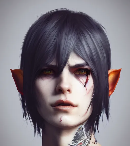 Prompt: V from Devil May Cry as an elf, black hair, tattoos, close up portrait by loish and WLOP, octane render, dynamic lighting, asymmetrical portrait, high key detailed, dark fantasy, trending on ArtStation