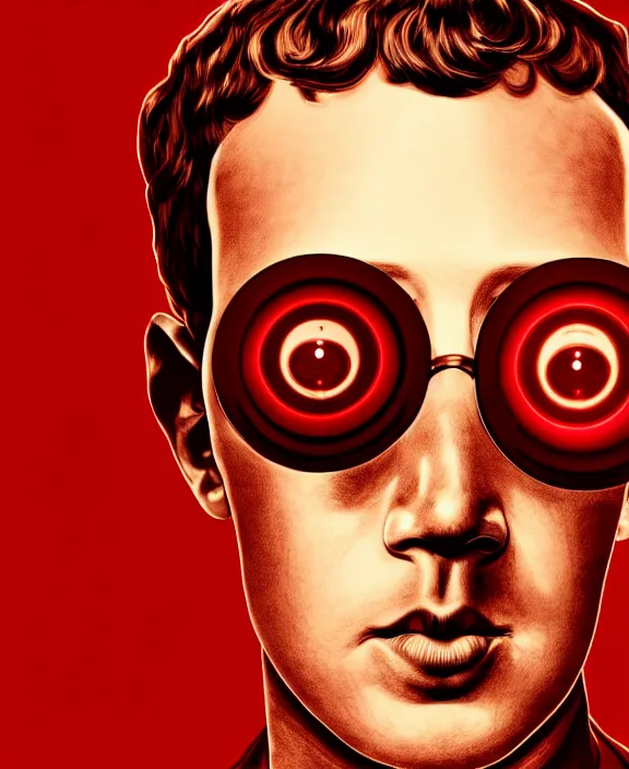 Image similar to Mark Zuckerberg with a glowing red steampunk eye implant by Steohan Martiniere and Moebius, 4k resolution, detailed