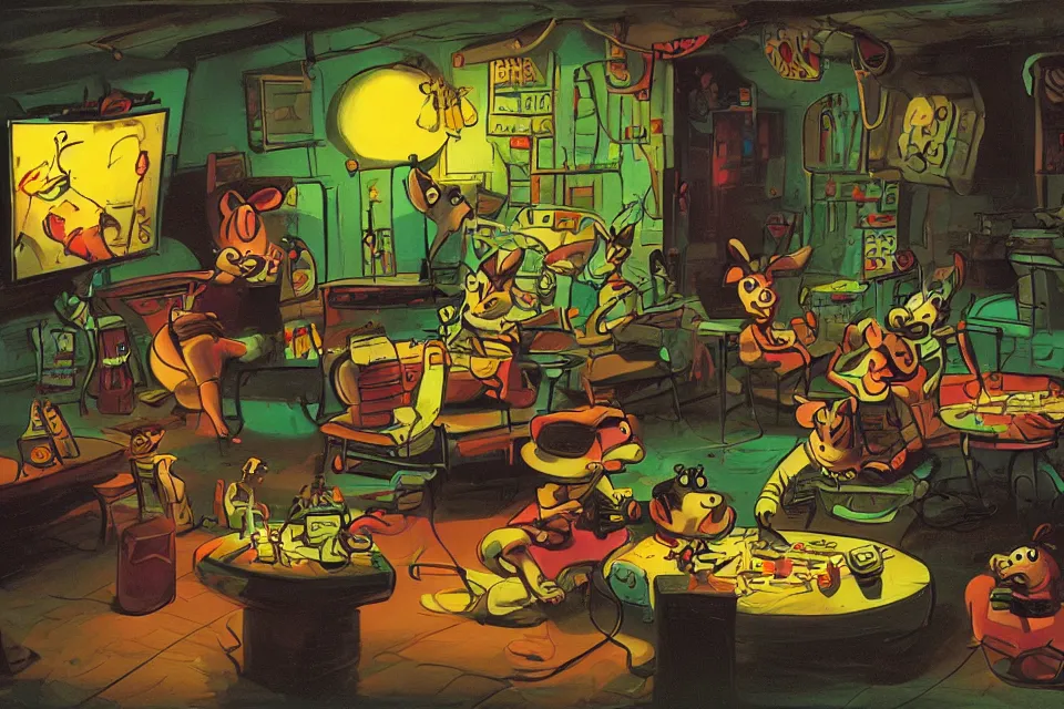 Prompt: mice rolling dice, neon basement, by john kricfalusi and syd mead