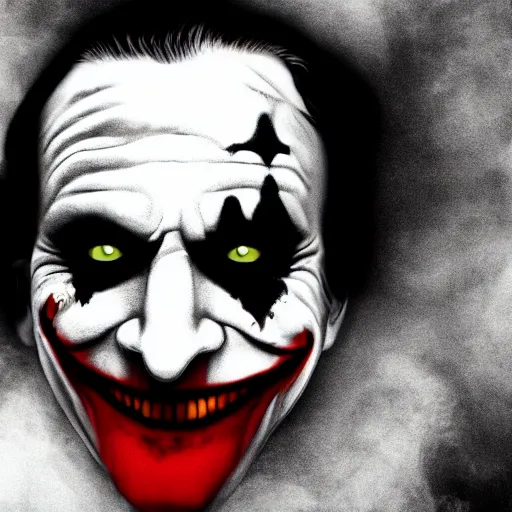 Prompt: joker, smiling, unnatural grin, horror, creepy, smoke, black, dark, glow