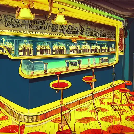 Prompt: inside an old fashioned ice cream parlor. a leaking case of melting ice cream cases is behind the bar. the leak has made a puddle on the floor, and the puddle is reminiscent to the shape of werewolf fangs. there is an eerie voluminous blue electric glow. digital art, ultrarealistic, cinematic, autochrome