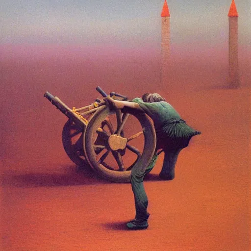 Image similar to cannon firing by Zdzisław Beksiński, oil on canvas