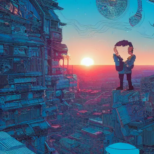 Prompt: hyper detailed comic illustration of a young explorer wearing a cyberpunk headpiece watching the sunset in the distance, by Josan Gonzalez and Geof Darrow, highly detailed, 8k wallpaper